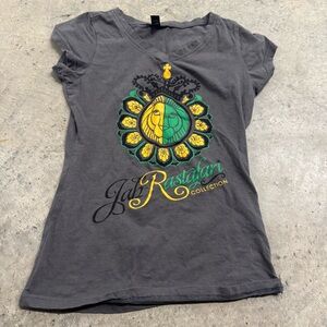 Jah Rastafan Tribal‎ Print Lion Green Yellow Gray Cap Sleeve T-Shirt Sz S Boho